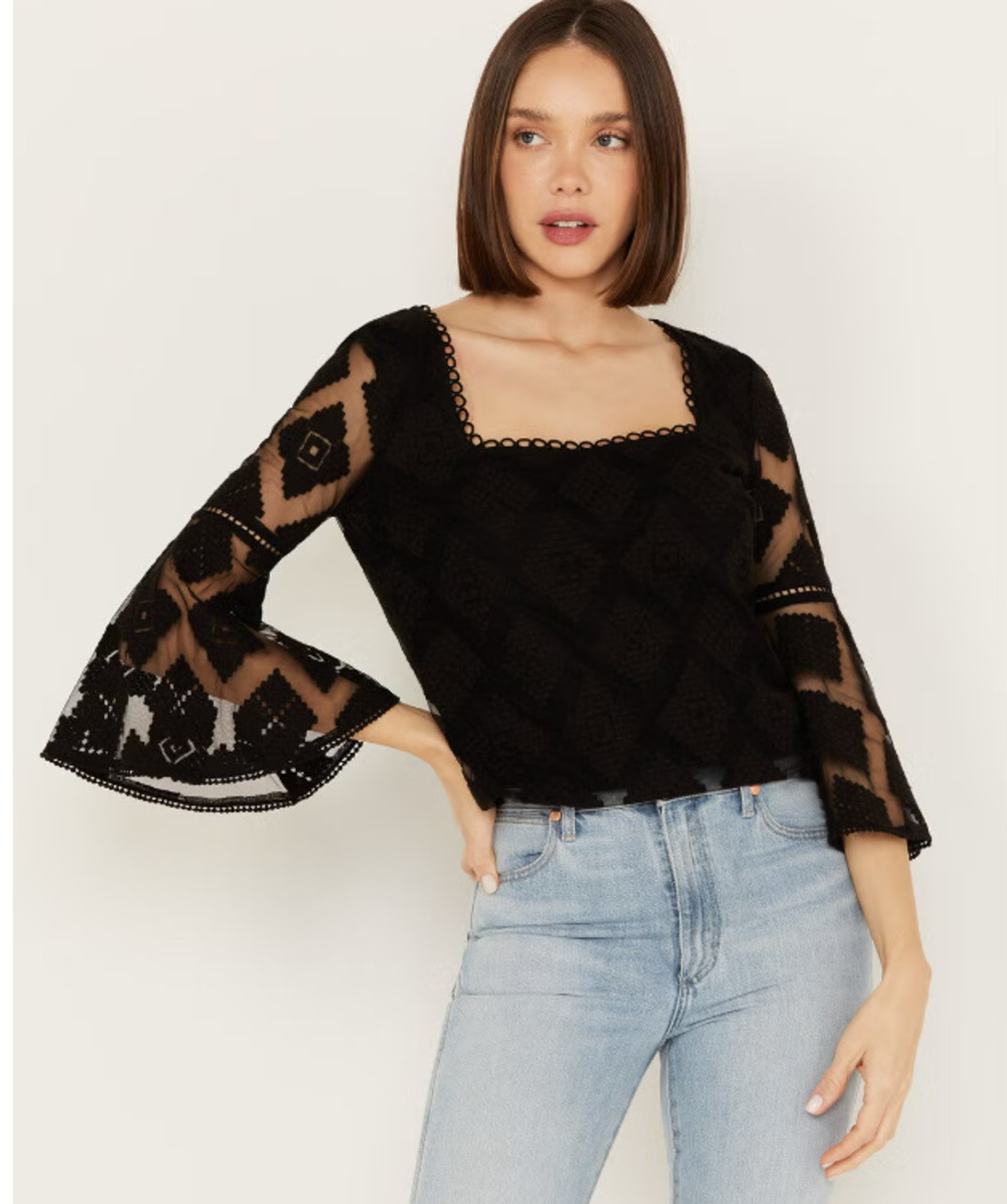 Shyanne Western Black Lace Mesh Peasant Boho Blouse Large Sheer Bell Sleeve Top